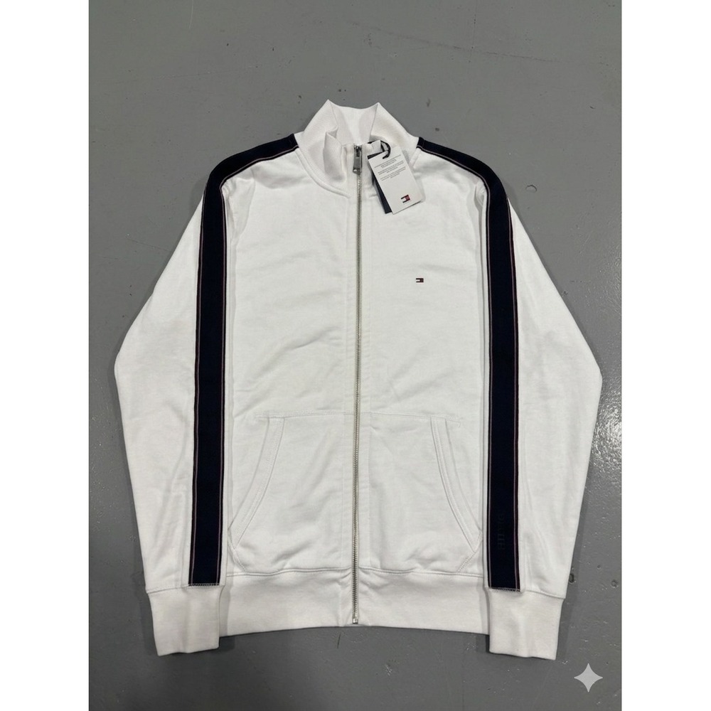 Tommy Hilfiger Mens White Full Zip Track Jacket Navy Side Stripe Size Medium NWT